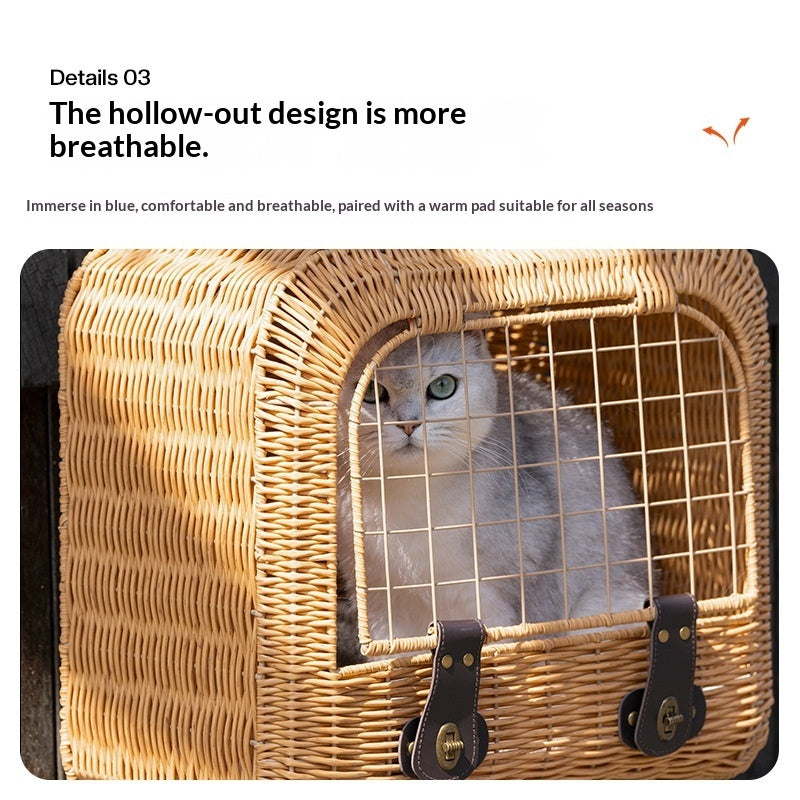 Woven Rattan Pet Carrier With Ventilated Travel Handle