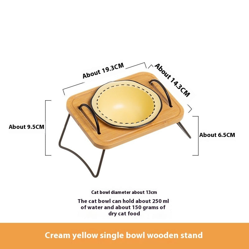 Wooden Rack Pet Ceramic Feeding Bowl Tilted Easy Clean