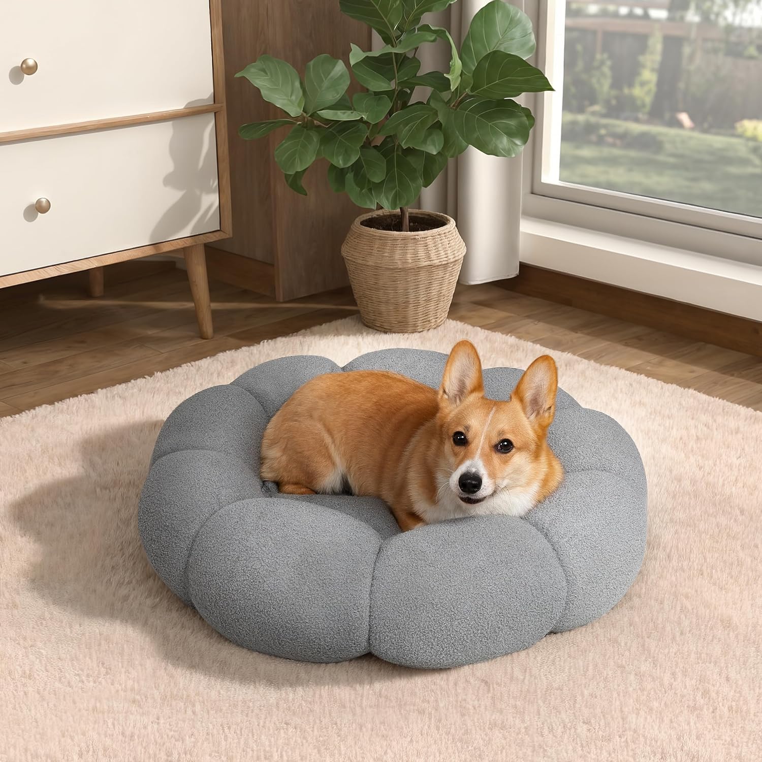 Pet Fluffy Round Donut Calming Plush Sleeping Bed