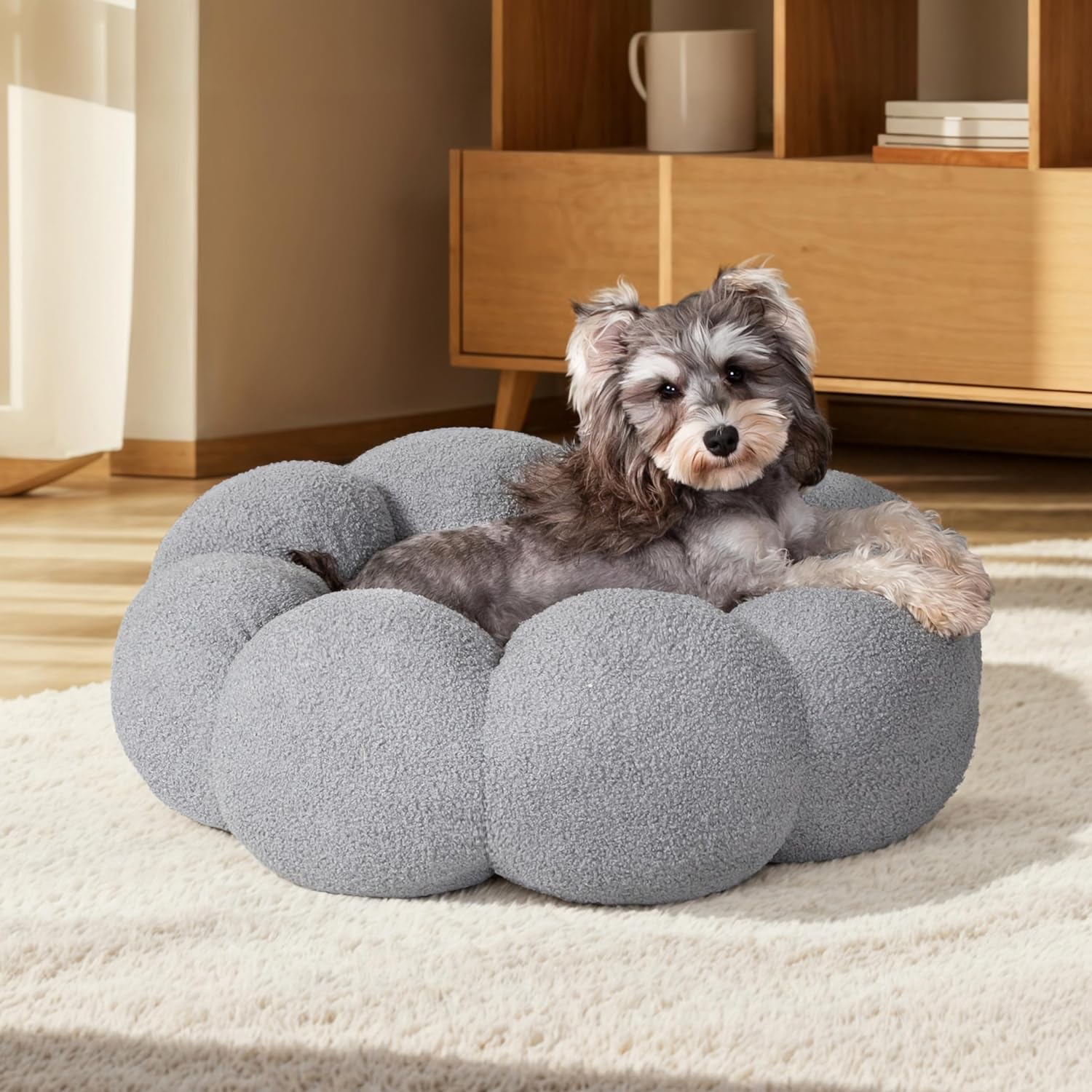 Pet Fluffy Round Donut Calming Plush Sleeping Bed