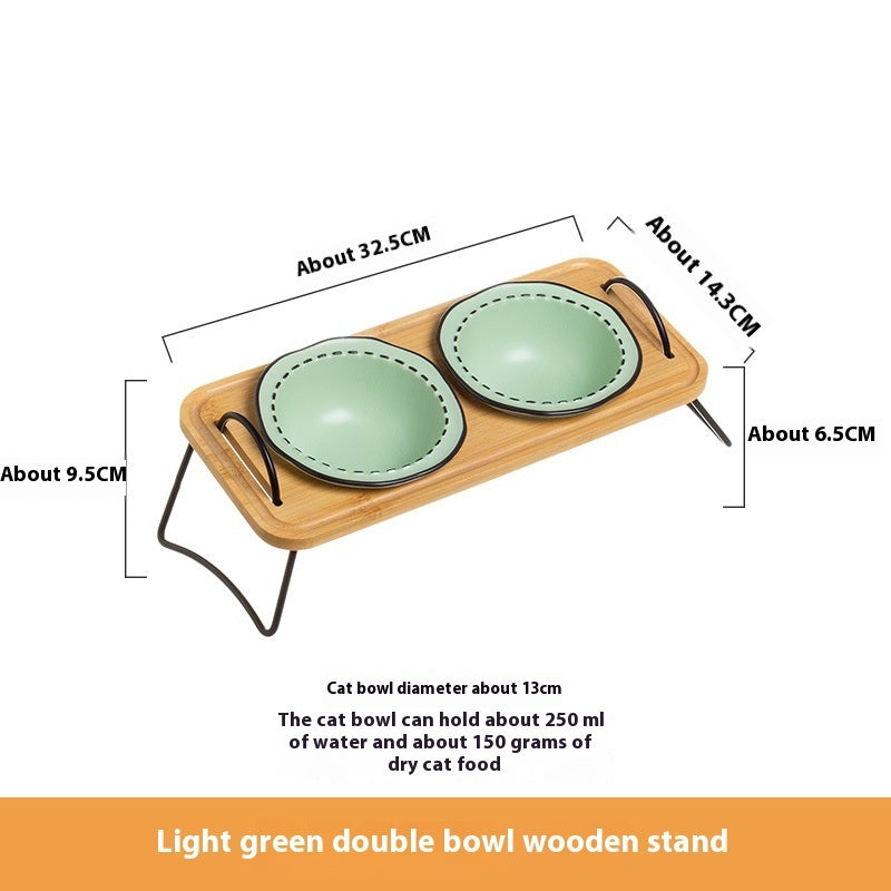 Wooden Rack Pet Ceramic Feeding Bowl Tilted Easy Clean