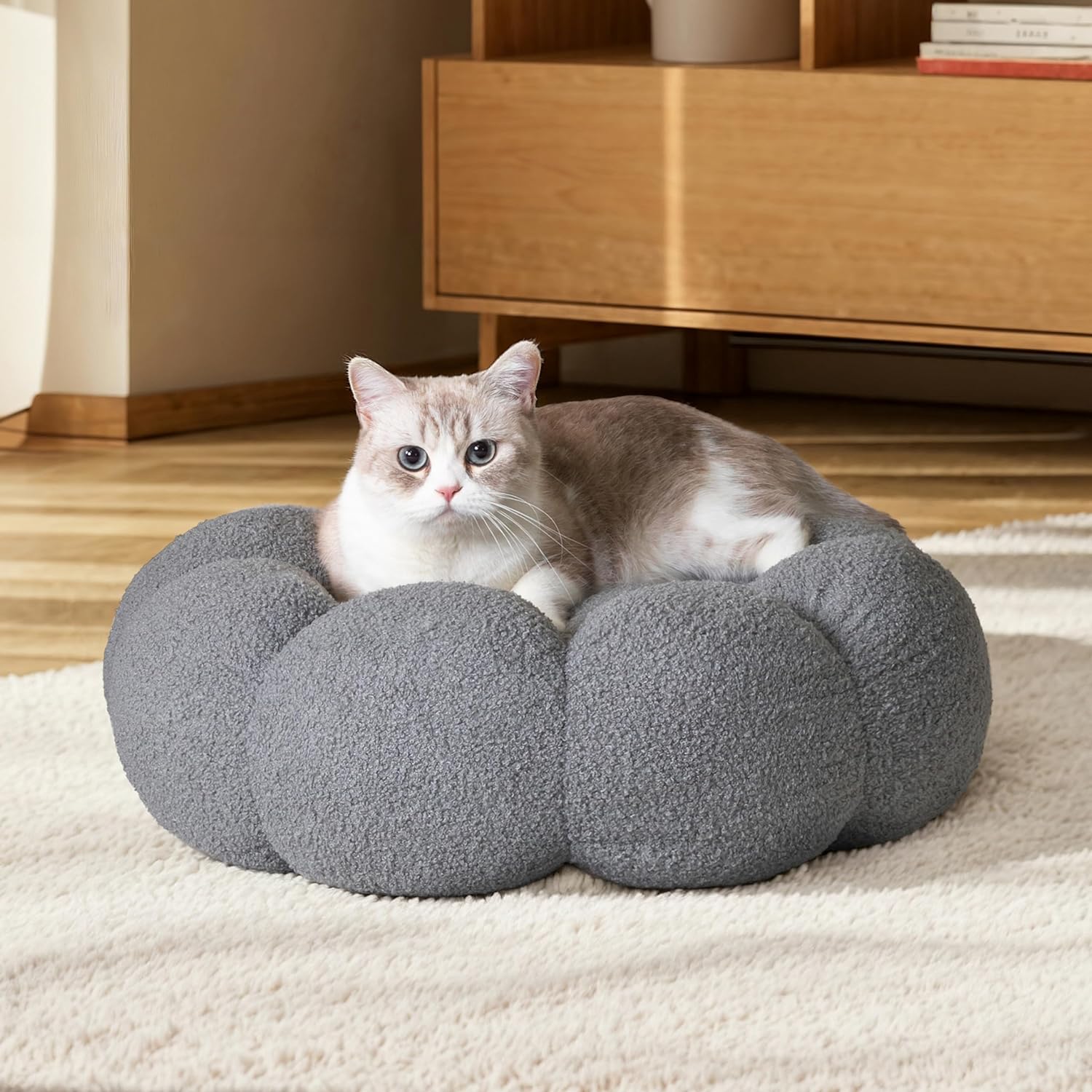 Pet Fluffy Round Donut Calming Plush Sleeping Bed
